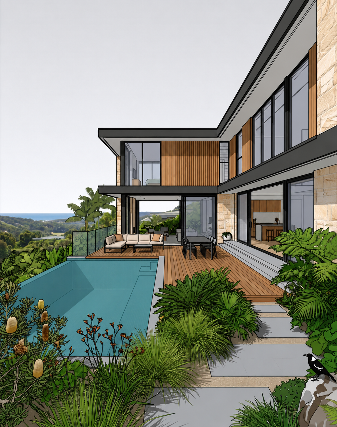 Untextured wireframe massing model of a residential building