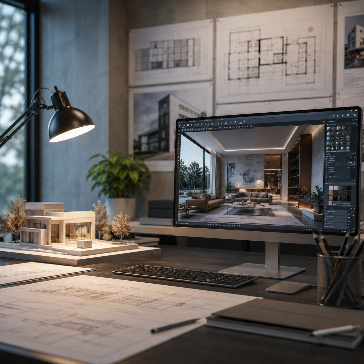 Architectural model and render side by side